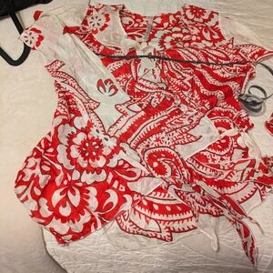 Red and White Floral Women's Top